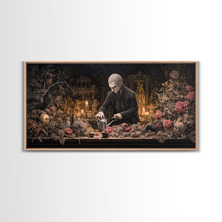 The Graveyard Gardener, Wide Panoramic Art, Gothic Horror Wall Art, Framed Canvas Print, Halloween Wall Decor, Gothic Home Decor