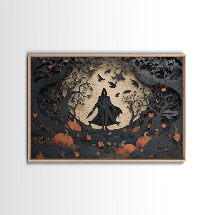 The Crow-Masked Assassin, Landscape Wall Art, Gothic Horror Wall Art, Framed Canvas Print, Halloween Wall Decor, Gothic Home Decor