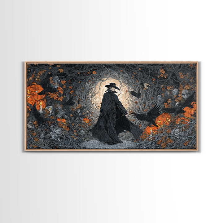 The Crow-Masked Assassin, Wide Panoramic Art, Gothic Horror Wall Art, Framed Canvas Print, Halloween Wall Decor, Gothic Home Decor