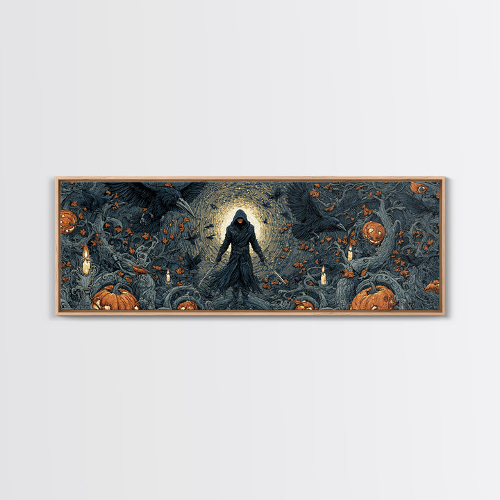 The Crow-Masked Assassin, Extra Wide Wall Art, Macabre Wall Art, Framed Canvas Print, Halloween Wall Decor, Gothic Home Decor