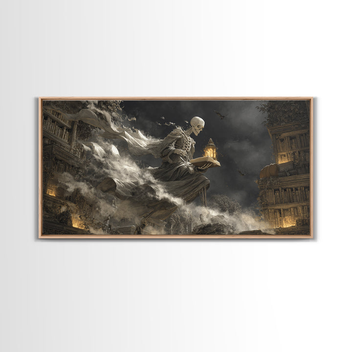 The Crypt Librarian, Wide Panoramic Art, Gothic Horror Wall Art, Framed Canvas Print, Halloween Wall Decor, Gothic Home Decor