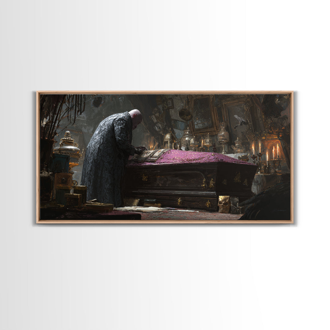 The Royal Coffin Maker, Wide Panoramic Art, Macabre Wall Art, Framed Canvas Print, Halloween Wall Decor, Gothic Home Decor, Halloween Decor