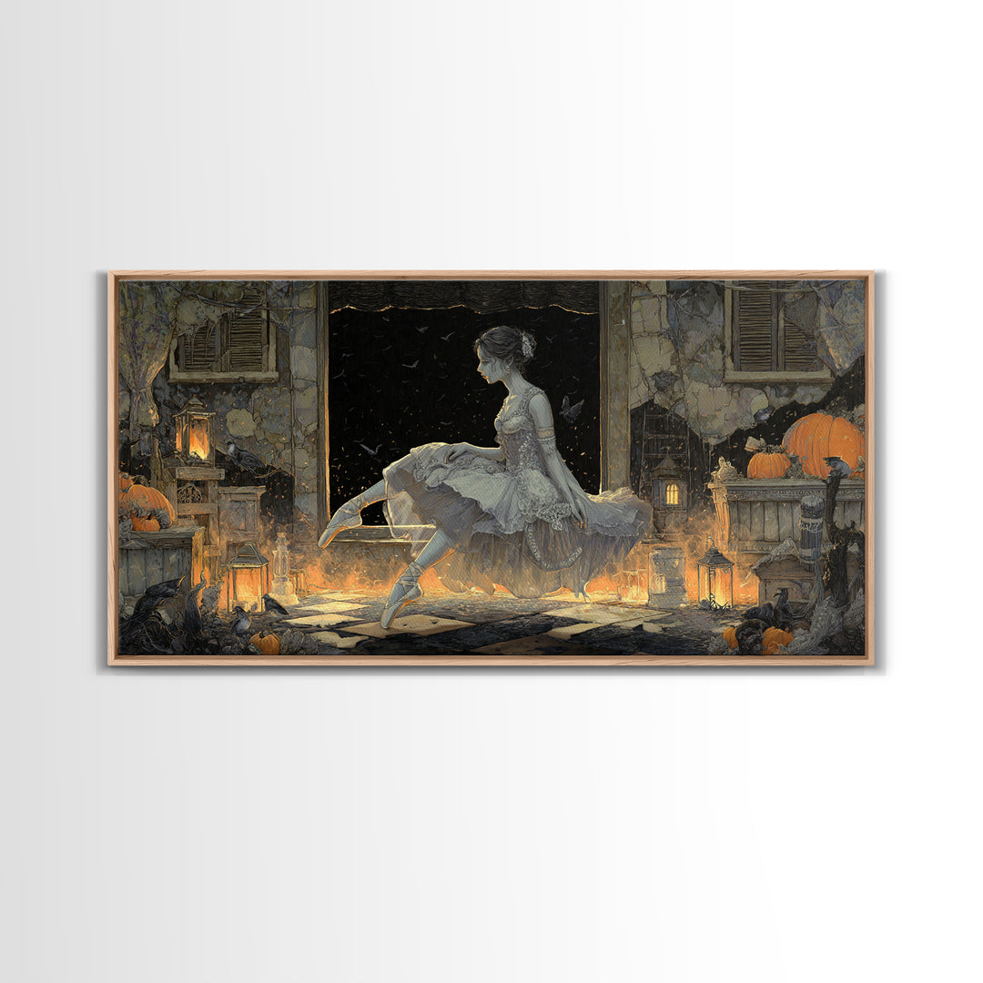 The Phantom Ballerina, Wide Panoramic Art, Haunted Gothic Art, Framed Canvas Print, Halloween Wall Decor, Gothic Home Decor