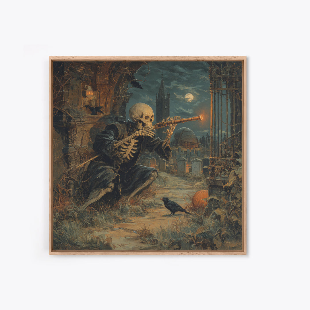 The Skull Astronomer, Square Wall Art, Macabre Wall Art, Framed Canvas Print, Halloween Wall Decor, Gothic Home Decor, Halloween Decor