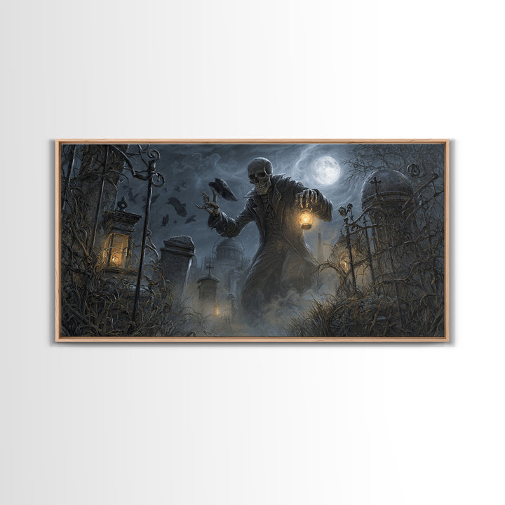 The Skull Astronomer, Wide Panoramic Art, Gothic Horror Wall Art, Framed Canvas Print, Halloween Wall Decor, Gothic Home Decor