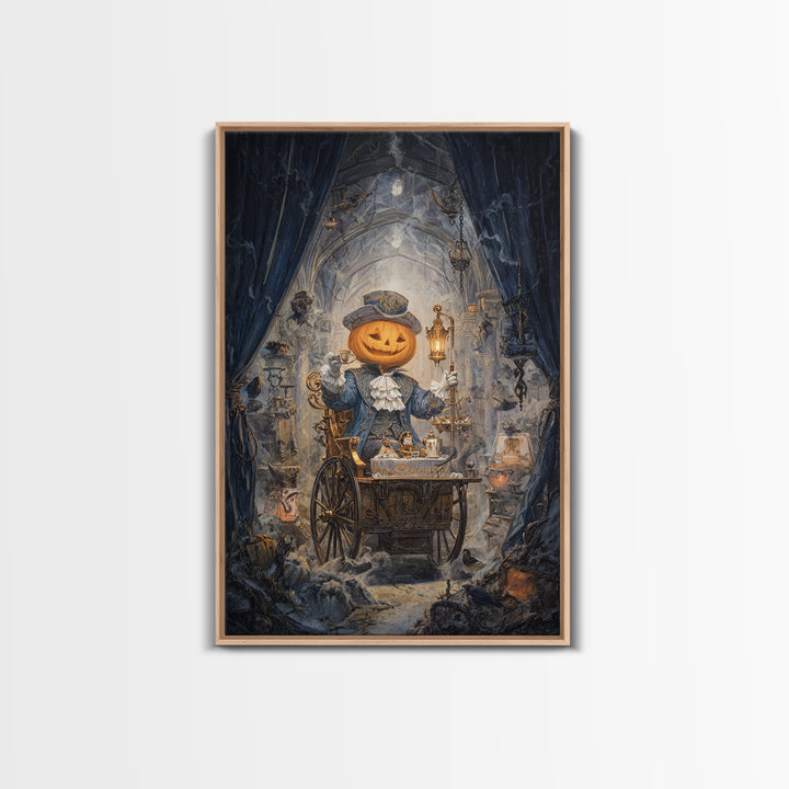 The Pumpkin-Headed Tea Merchant, Vertical Wall Art, Macabre Wall Art, Framed Canvas Print, Halloween Wall Decor, Gothic Home Decor
