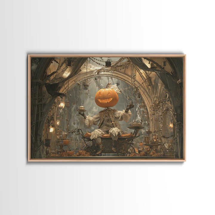 The Pumpkin-Headed Tea Merchant, Landscape Wall Art, Dark Halloween Decor, Canvas Print, Halloween Wall Decor, Gothic Home Decor