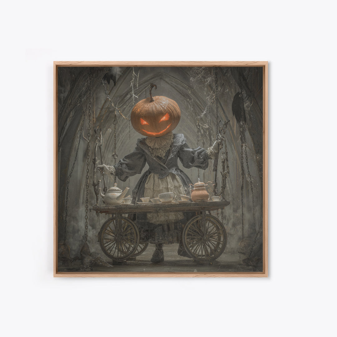 The Pumpkin-Headed Tea Merchant, Square Wall Art, Dark Fantasy Wall Art, Canvas Print, Halloween Wall Decor, Gothic Home Decor