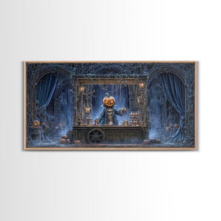 The Pumpkin-Headed Tea Merchant, Wide Panoramic Art, Dark Halloween Decor, Canvas Print, Halloween Wall Decor, Gothic Home Decor