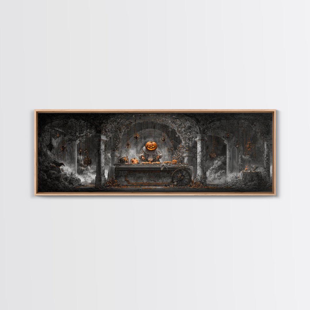 The Pumpkin-Headed Tea Merchant, Extra Wide Wall Art, Dark Fantasy Wall Art, Canvas Print, Halloween Wall Decor, Gothic Home Decor