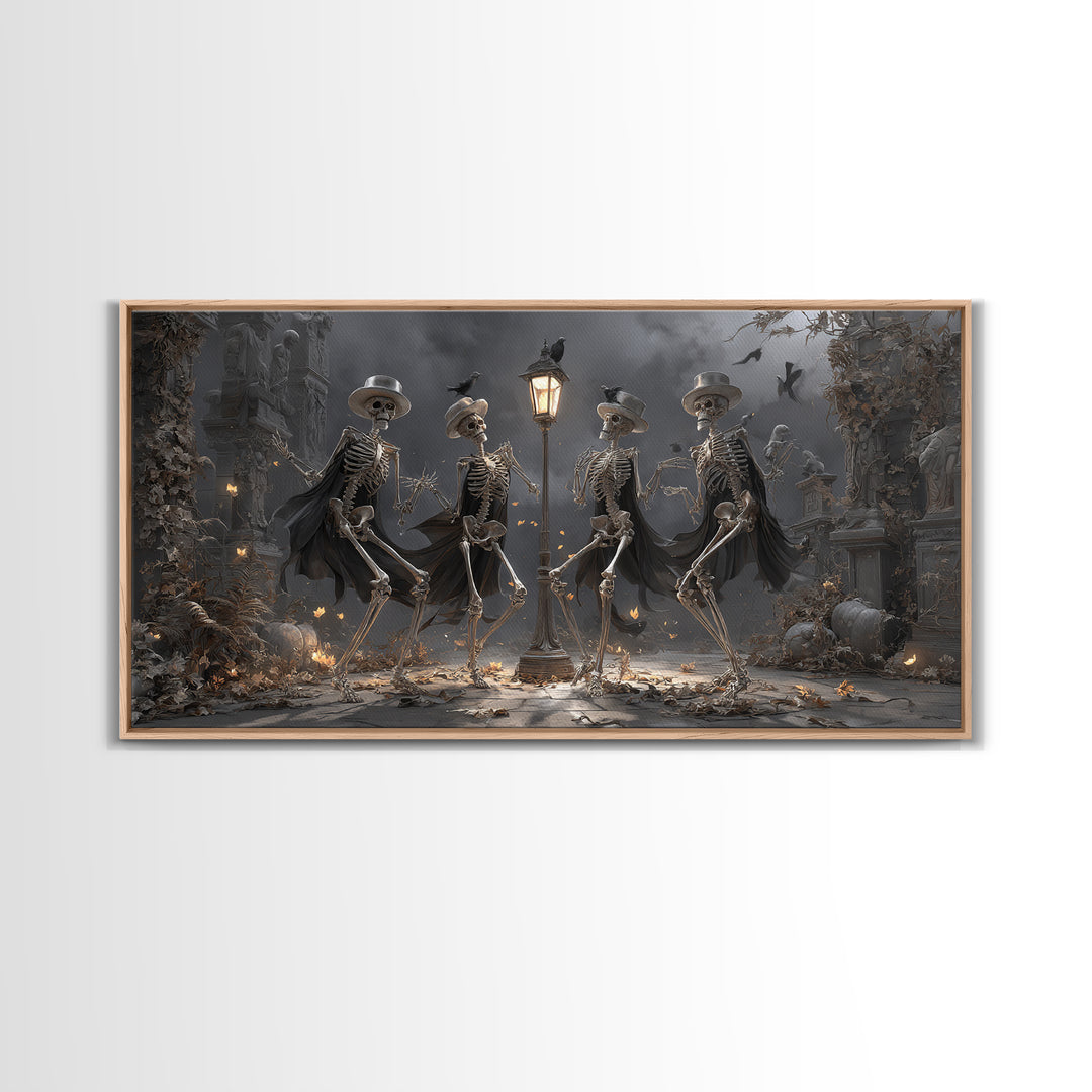 The Skeleton Barbershop Quartet, Wide Panoramic Art, Macabre Wall Art, Framed Canvas Print, Halloween Wall Decor, Gothic Home Decor
