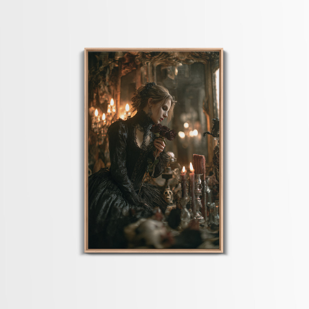 The Vampire Florist, Vertical Wall Art, Haunted Gothic Art, Framed Canvas Print, Halloween Wall Decor, Gothic Home Decor, Horror Wall Art