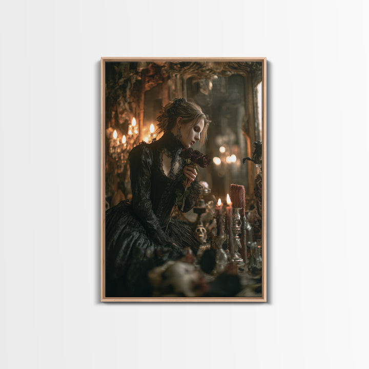 The Vampire Florist, Vertical Wall Art, Haunted Gothic Art, Framed Canvas Print, Halloween Wall Decor, Gothic Home Decor, Horror Wall Art
