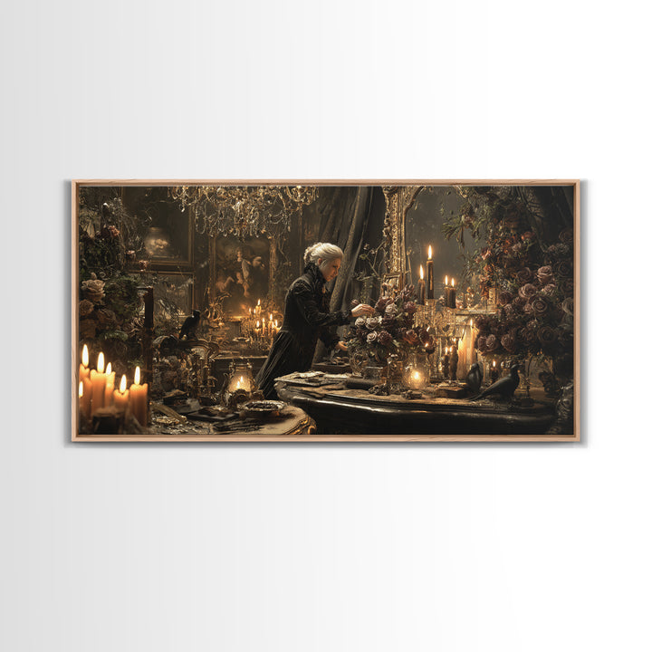 The Vampire Florist, Wide Panoramic Art, Dark Halloween Decor, Canvas Print, Halloween Wall Decor, Gothic Home Decor, Macabre Wall Art
