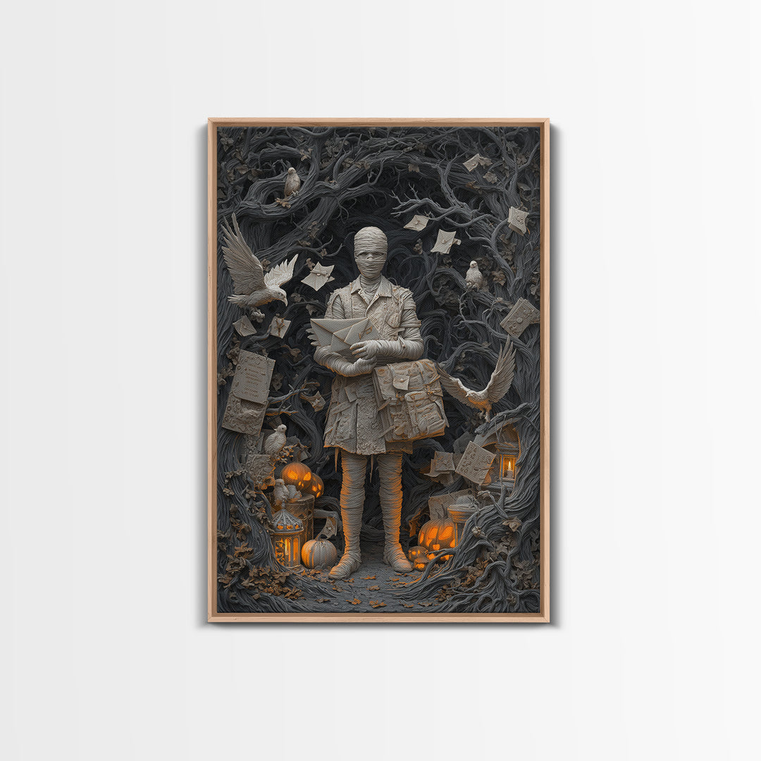 The Mummy Mail Carrier, Vertical Wall Art, Gothic Horror Wall Art, Framed Canvas Print, Halloween Wall Decor, Gothic Home Decor