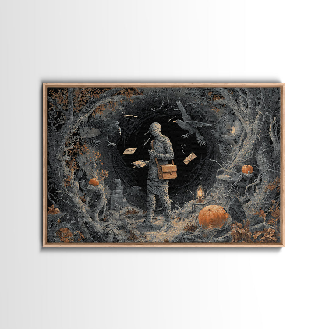 The Mummy Mail Carrier, Landscape Wall Art, Haunted Gothic Art, Framed Canvas Print, Halloween Wall Decor, Gothic Home Decor