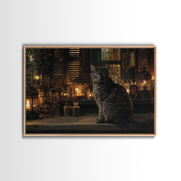 The Witch'S Cat Cafe, Landscape Wall Art, Haunted Gothic Art, Framed Canvas Print, Halloween Wall Decor, Gothic Home Decor