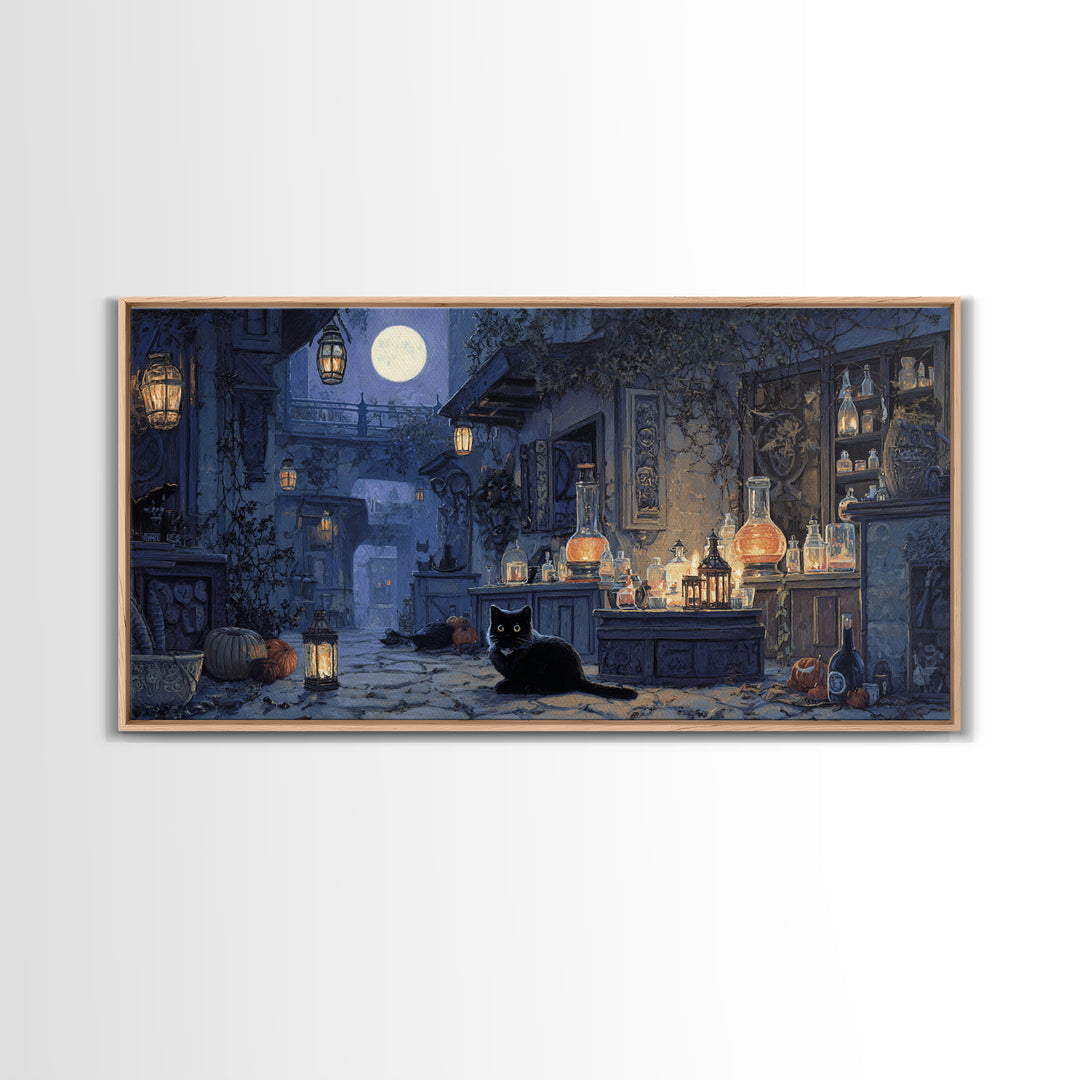 The Witch'S Cat Cafe, Wide Panoramic Art, Dark Fantasy Wall Art, Canvas Print, Halloween Wall Decor, Gothic Home Decor, Macabre Wall Art