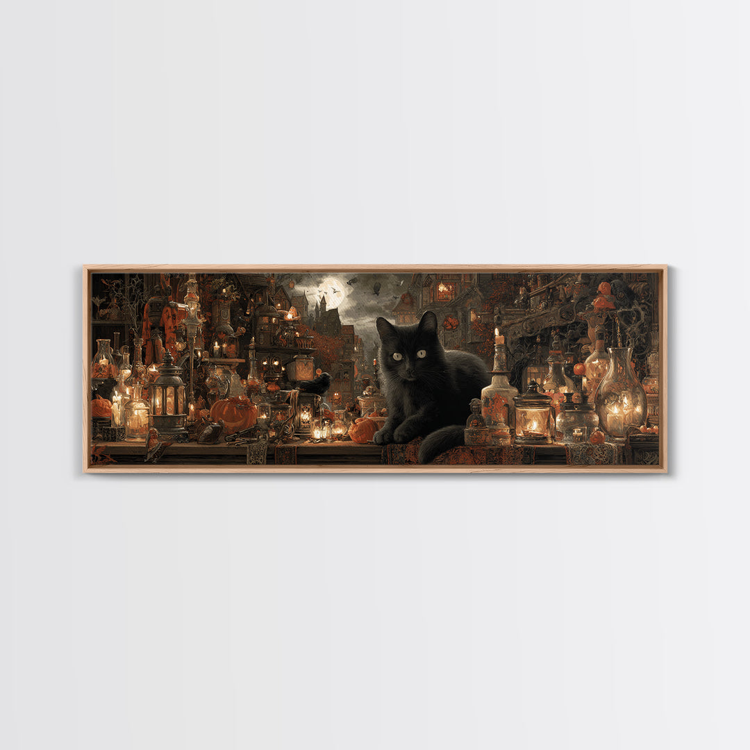 The Witch'S Cat Cafe, Extra Wide Wall Art, Dark Fantasy Wall Art, Canvas Print, Halloween Wall Decor, Gothic Home Decor, Dark Fantasy Art