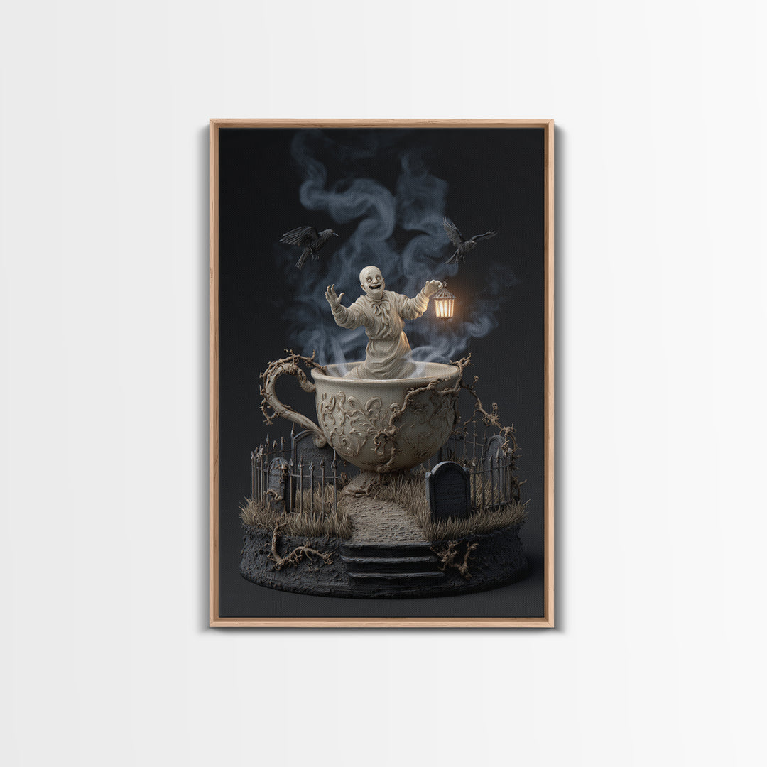 Tiny Ghosts In Teacups, Vertical Wall Art, Dark Fantasy Wall Art, Canvas Print, Halloween Wall Decor, Gothic Home Decor, Macabre Wall Art