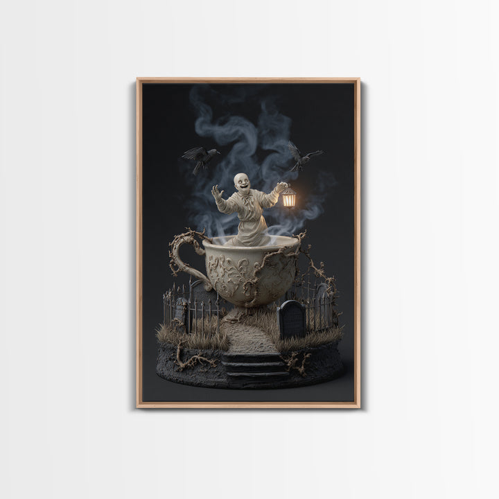 Tiny Ghosts In Teacups, Vertical Wall Art, Dark Fantasy Wall Art, Canvas Print, Halloween Wall Decor, Gothic Home Decor, Macabre Wall Art