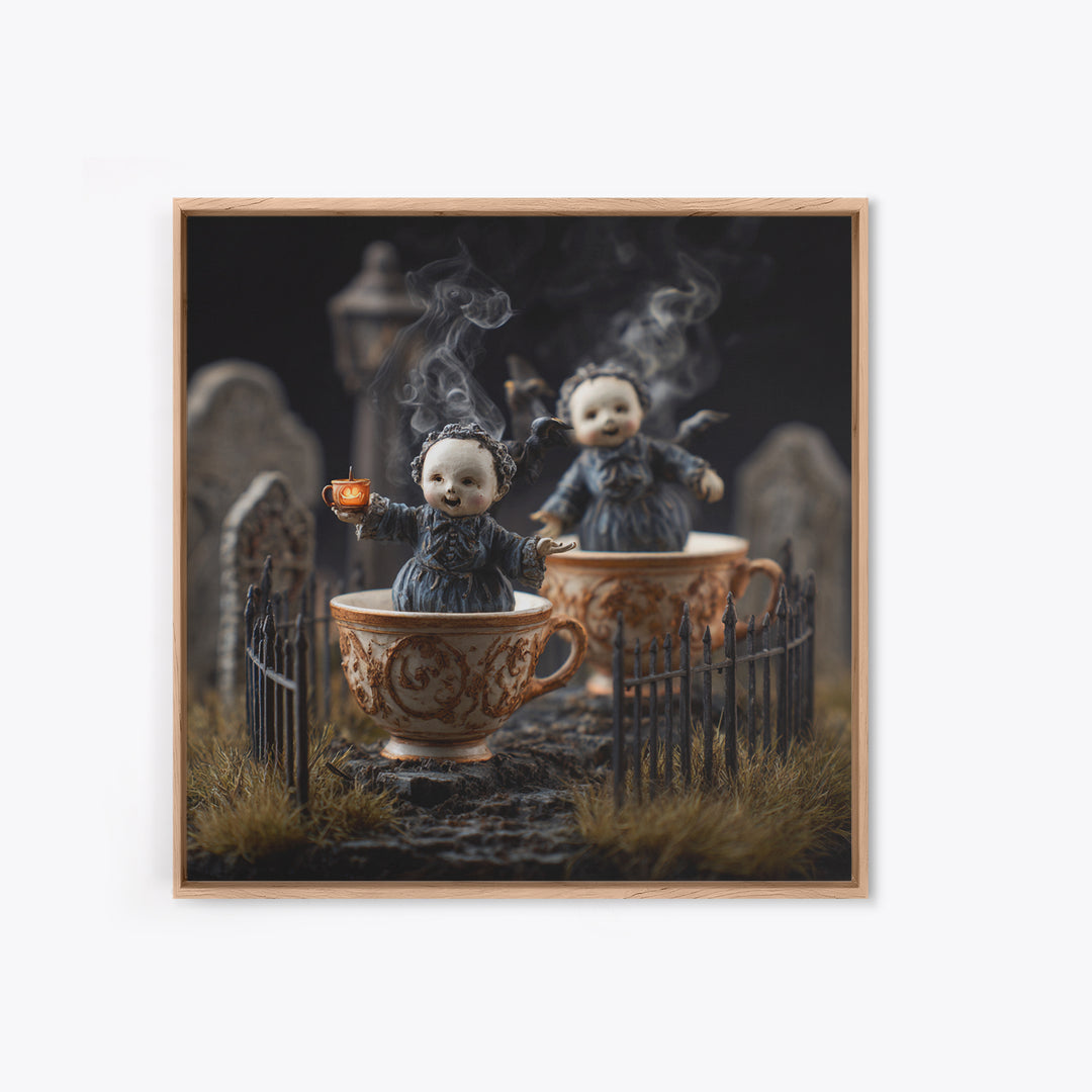 Tiny Ghosts In Teacups, Square Wall Art, Spooky Home Decor, Canvas Print, Halloween Wall Decor, Gothic Home Decor, Horror Wall Art