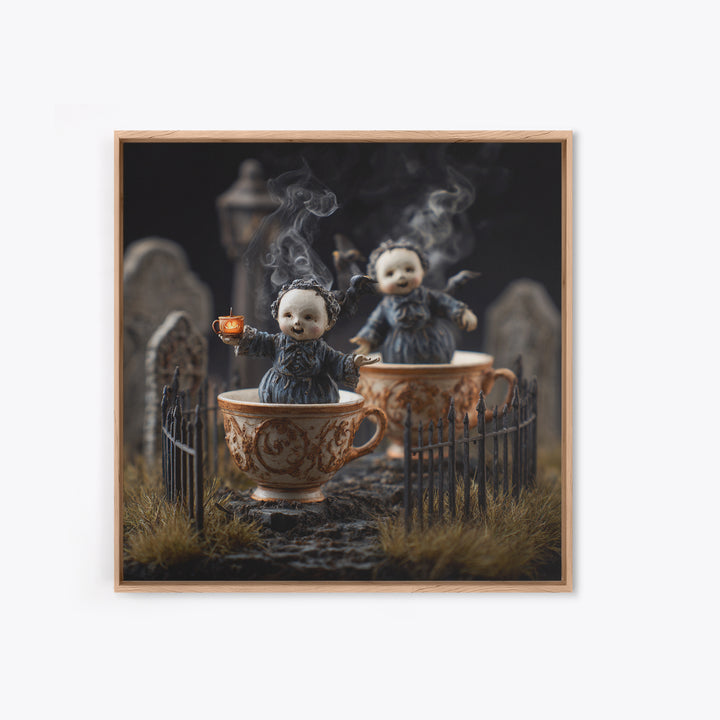 Tiny Ghosts In Teacups, Square Wall Art, Spooky Home Decor, Canvas Print, Halloween Wall Decor, Gothic Home Decor, Horror Wall Art