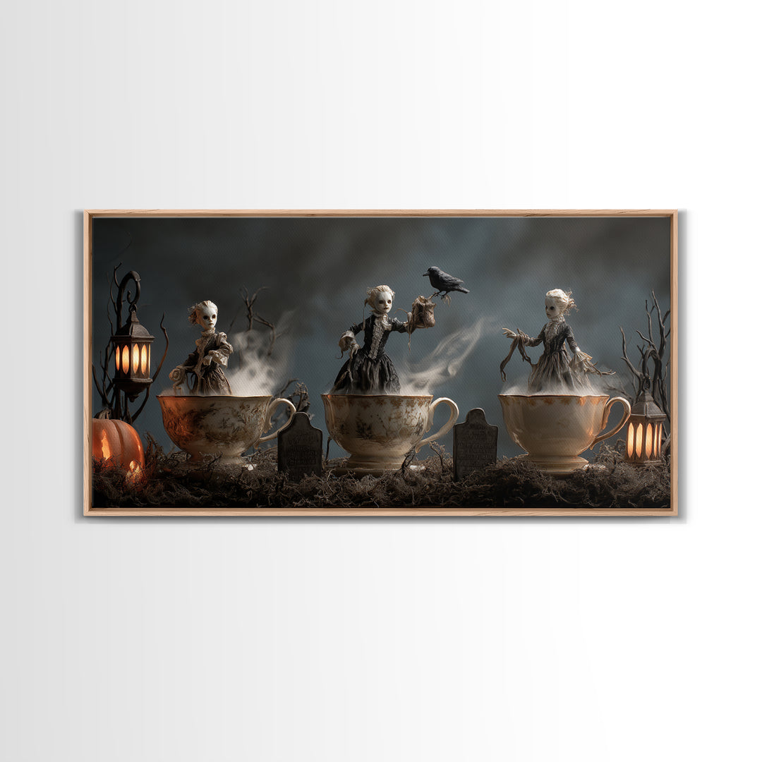 Tiny Ghosts In Teacups, Wide Panoramic Art, Haunted Gothic Art, Framed Canvas Print, Halloween Wall Decor, Gothic Home Decor