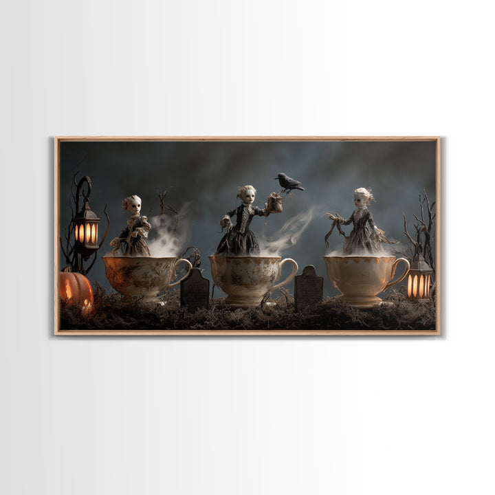 Tiny Ghosts In Teacups, Wide Panoramic Art, Haunted Gothic Art, Framed Canvas Print, Halloween Wall Decor, Gothic Home Decor