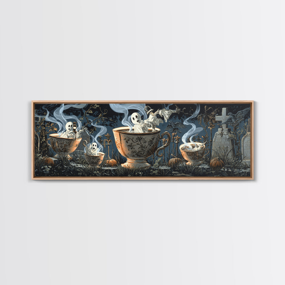 Tiny Ghosts In Teacups, Extra Wide Wall Art, Spooky Home Decor, Canvas Print, Halloween Wall Decor, Gothic Home Decor, Spooky Wall Decor