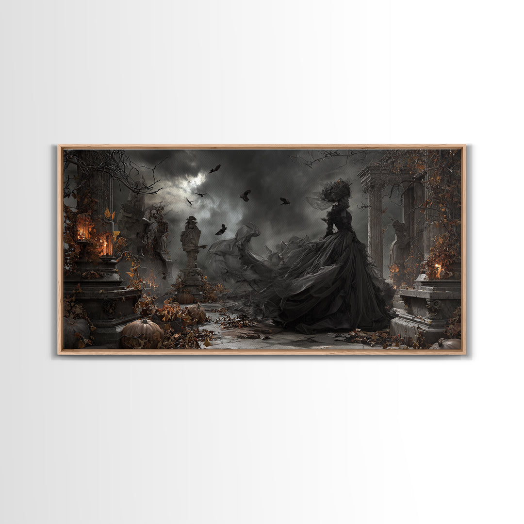 The Spider Sewing Circle, Wide Panoramic Art, Haunted Gothic Art, Framed Canvas Print, Halloween Wall Decor, Gothic Home Decor