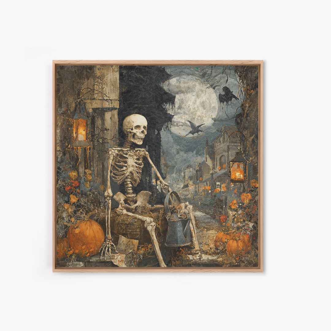 The Skeleton Gardeners, Square Wall Art, Macabre Wall Art, Framed Canvas Print, Halloween Wall Decor, Gothic Home Decor