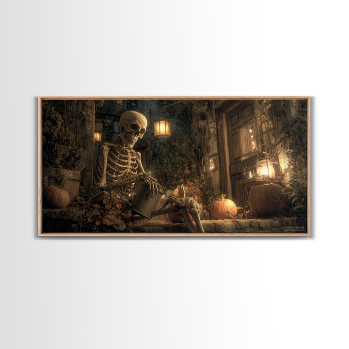 The Skeleton Gardeners, Wide Panoramic Art, Dark Fantasy Wall Art, Canvas Print, Halloween Wall Decor, Gothic Home Decor, Spooky Wall Decor
