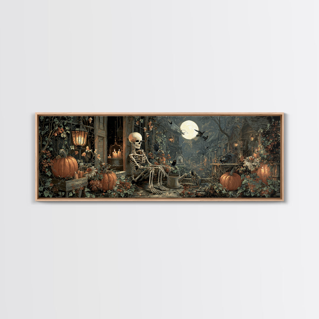 The Skeleton Gardeners, Extra Wide Wall Art, Gothic Horror Wall Art, Framed Canvas Print, Halloween Wall Decor, Gothic Home Decor