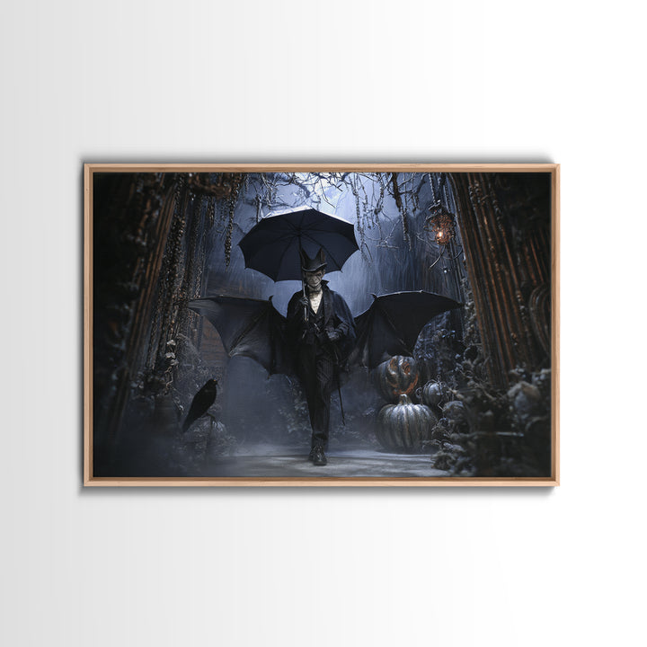 The Bat Umbrella Salesman, Landscape Wall Art, Gothic Horror Wall Art, Framed Canvas Print, Halloween Wall Decor, Gothic Home Decor