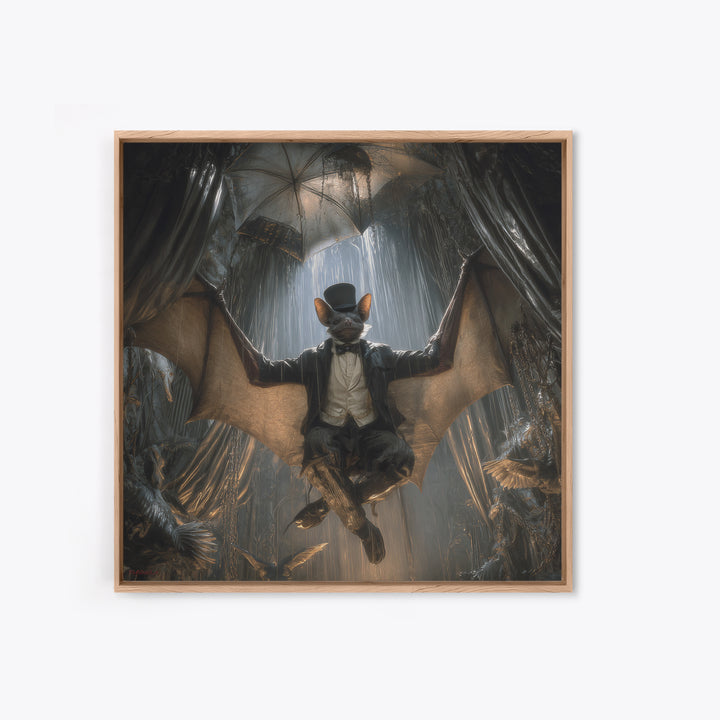 The Bat Umbrella Salesman, Square Wall Art, Gothic Horror Wall Art, Framed Canvas Print, Halloween Wall Decor, Gothic Home Decor