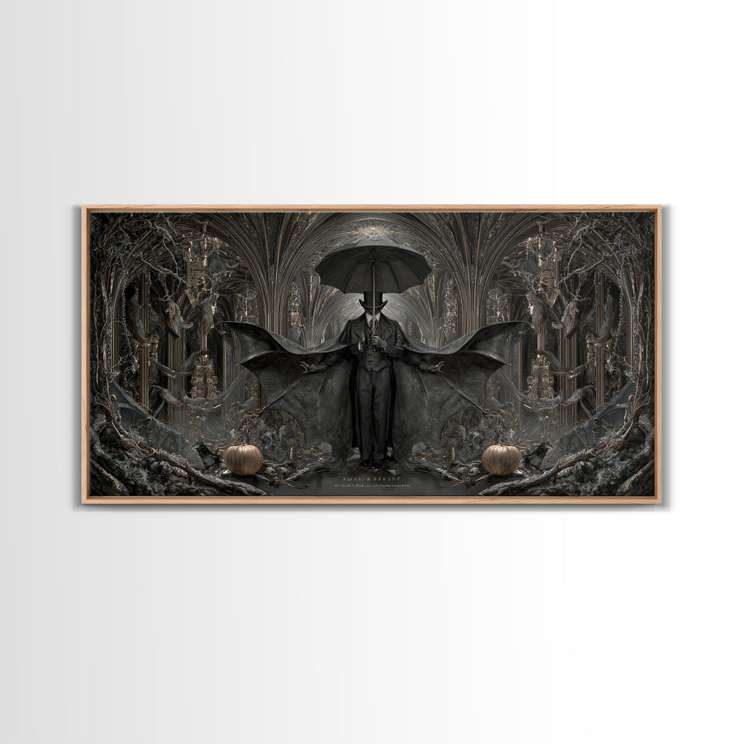 The Bat Umbrella Salesman, Wide Panoramic Art, Dark Fantasy Wall Art, Canvas Print, Halloween Wall Decor, Gothic Home Decor