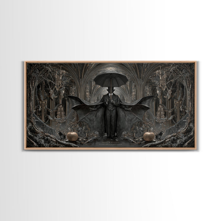 The Bat Umbrella Salesman, Wide Panoramic Art, Dark Fantasy Wall Art, Canvas Print, Halloween Wall Decor, Gothic Home Decor