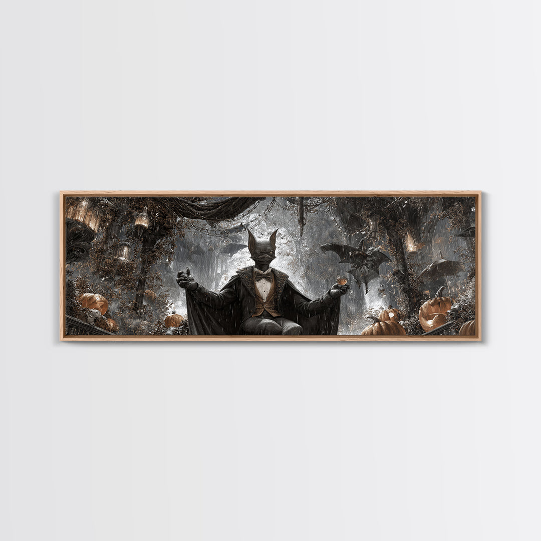 The Bat Umbrella Salesman, Extra Wide Wall Art, Macabre Wall Art, Framed Canvas Print, Halloween Wall Decor, Gothic Home Decor