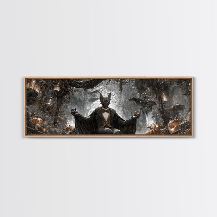 The Bat Umbrella Salesman, Extra Wide Wall Art, Macabre Wall Art, Framed Canvas Print, Halloween Wall Decor, Gothic Home Decor