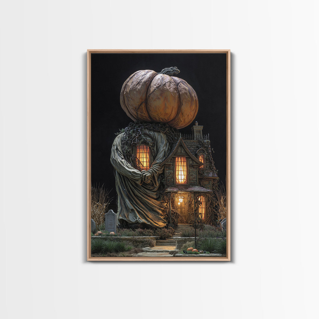 The Pumpkin-House Neighborhood, Vertical Wall Art, Macabre Wall Art, Framed Canvas Print, Halloween Wall Decor, Gothic Home Decor
