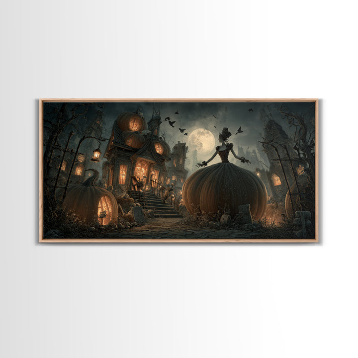 The Pumpkin-House Neighborhood, Wide Panoramic Art, Gothic Horror Wall Art, Framed Canvas Print, Halloween Wall Decor, Gothic Home Decor