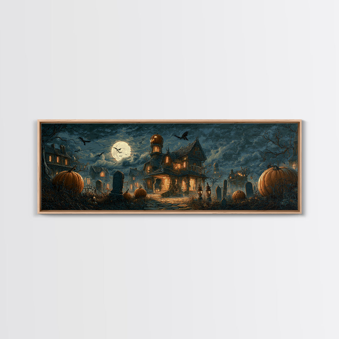 The Pumpkin-House Neighborhood, Extra Wide Wall Art, Spooky Home Decor, Canvas Print, Halloween Wall Decor, Gothic Home Decor