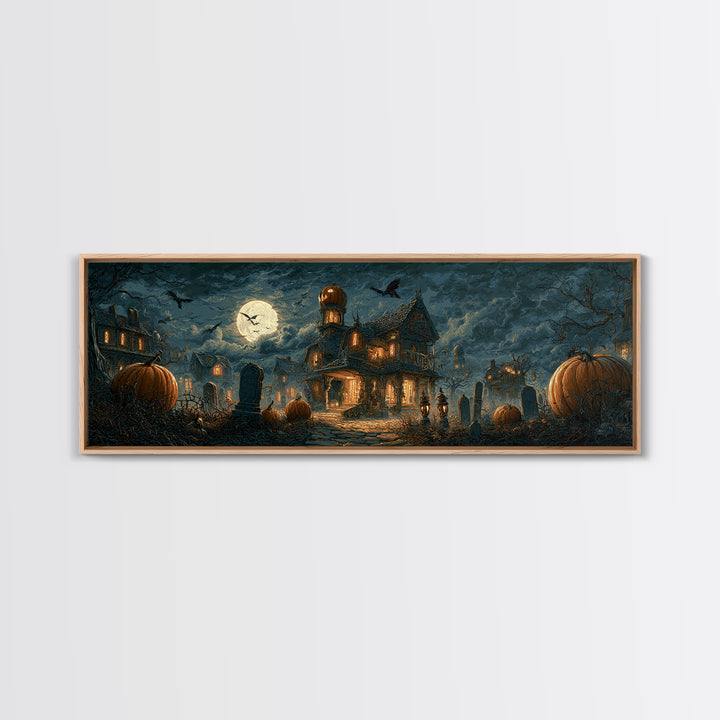 The Pumpkin-House Neighborhood, Extra Wide Wall Art, Spooky Home Decor, Canvas Print, Halloween Wall Decor, Gothic Home Decor