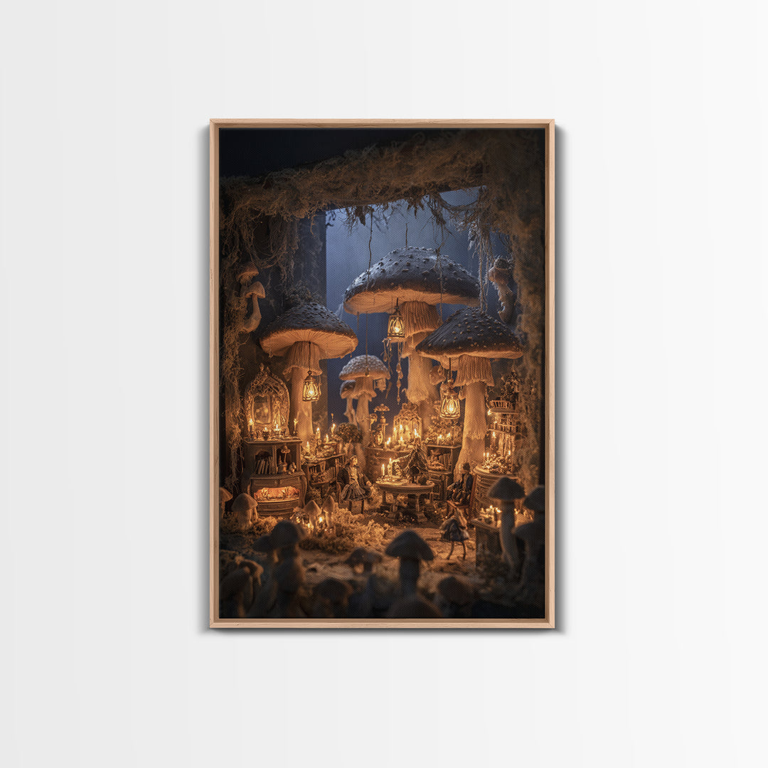 The Moonlit Mushroom Village, Vertical Wall Art, Dark Halloween Decor, Canvas Print, Halloween Wall Decor, Gothic Home Decor