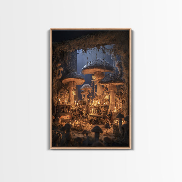 The Moonlit Mushroom Village, Vertical Wall Art, Dark Halloween Decor, Canvas Print, Halloween Wall Decor, Gothic Home Decor