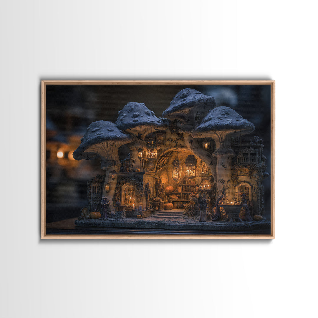 The Moonlit Mushroom Village, Landscape Wall Art, Dark Fantasy Wall Art, Canvas Print, Halloween Wall Decor, Gothic Home Decor