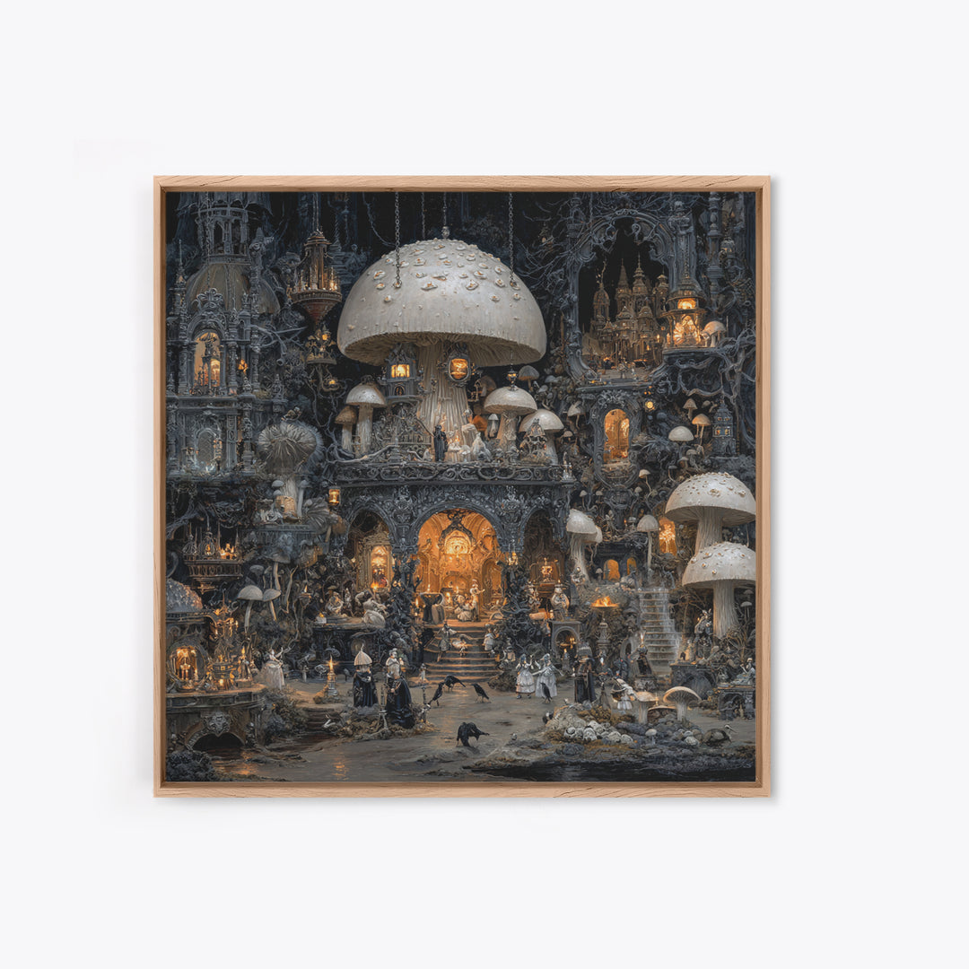 The Moonlit Mushroom Village, Square Wall Art, Dark Halloween Decor, Canvas Print, Halloween Wall Decor, Gothic Home Decor