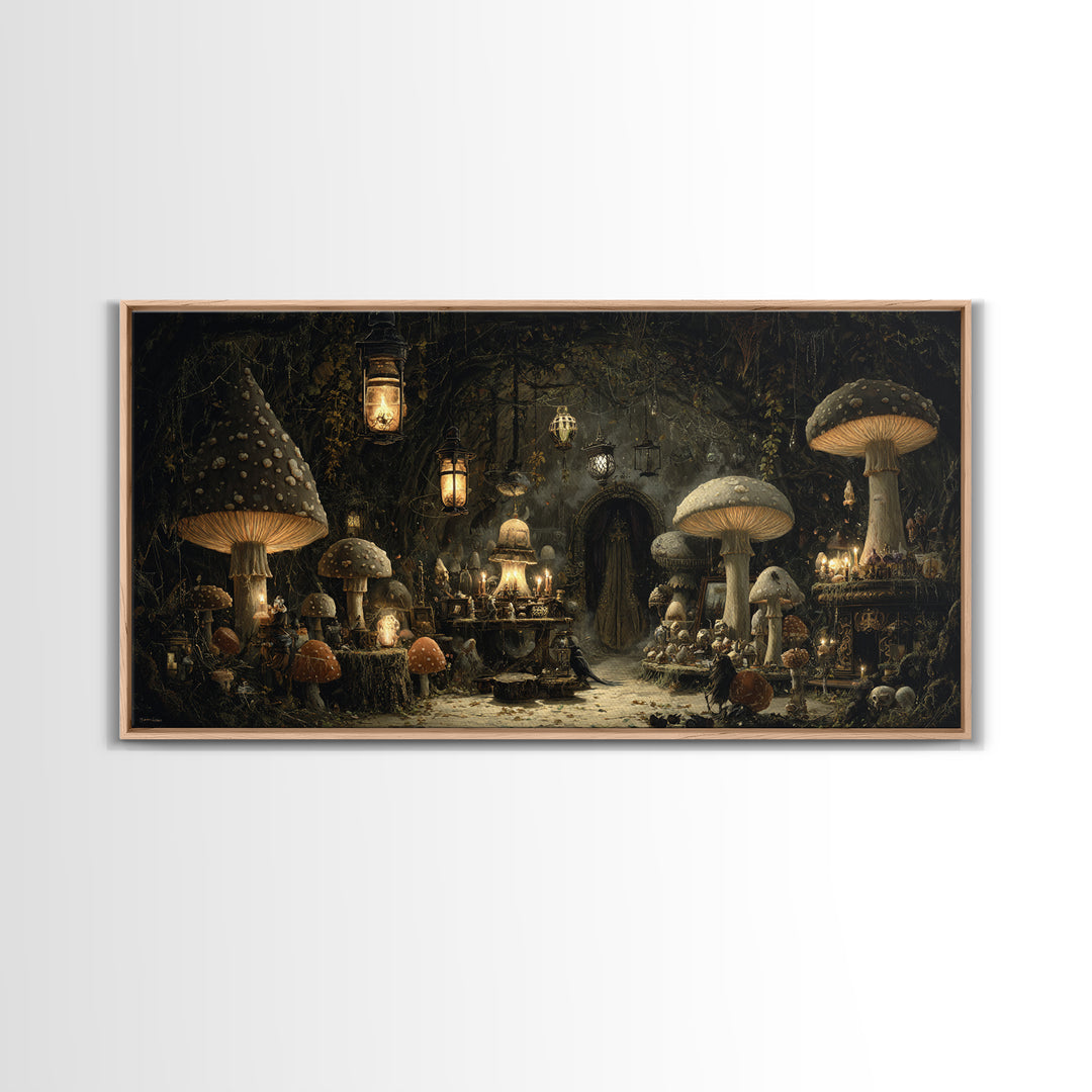 The Moonlit Mushroom Village, Wide Panoramic Art, Macabre Wall Art, Framed Canvas Print, Halloween Wall Decor, Gothic Home Decor