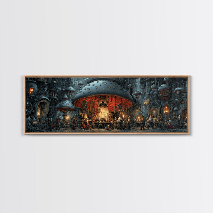 The Moonlit Mushroom Village, Extra Wide Wall Art, Gothic Horror Wall Art, Framed Canvas Print, Halloween Wall Decor, Gothic Home Decor